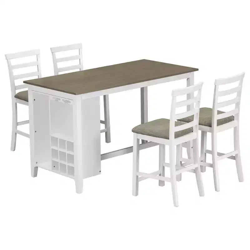 Ensemble de salle à manger 5 pièces de hauteur comptoir pour 4, table rectangulaire en bois avec étagères de rangement et compartiment à vin/barre