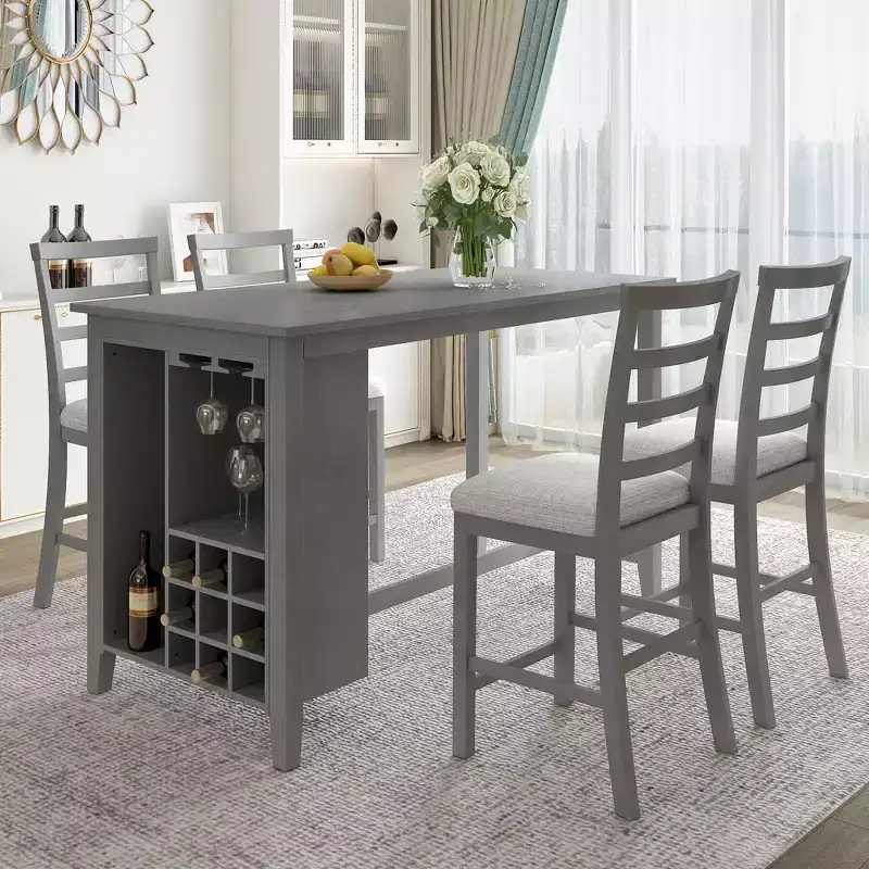 Ensemble de salle à manger 5 pièces de hauteur comptoir pour 4, table rectangulaire en bois avec étagères de rangement et compartiment à vin/barre