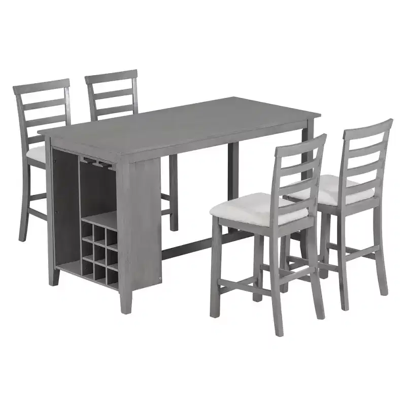 Ensemble de salle à manger 5 pièces de hauteur comptoir pour 4, table rectangulaire en bois avec étagères de rangement et compartiment à vin/barre