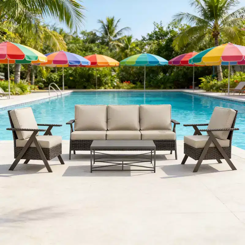 Ensemble de meubles de patio Bestier, ensemble de conversation d'extérieur avec canapé et chaises coussinés épais, table basse pour jardin, arrière-cour, porche