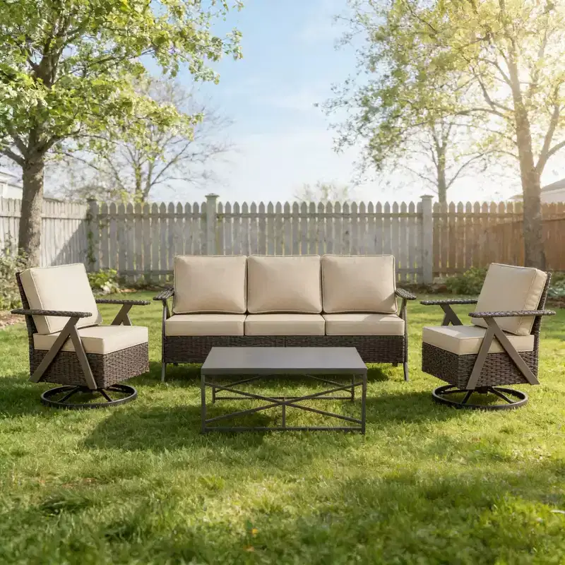 Ensemble de meubles de patio Bestier, ensemble de conversation d'extérieur avec canapé et chaises coussinés épais, table basse pour jardin, arrière-cour, porche