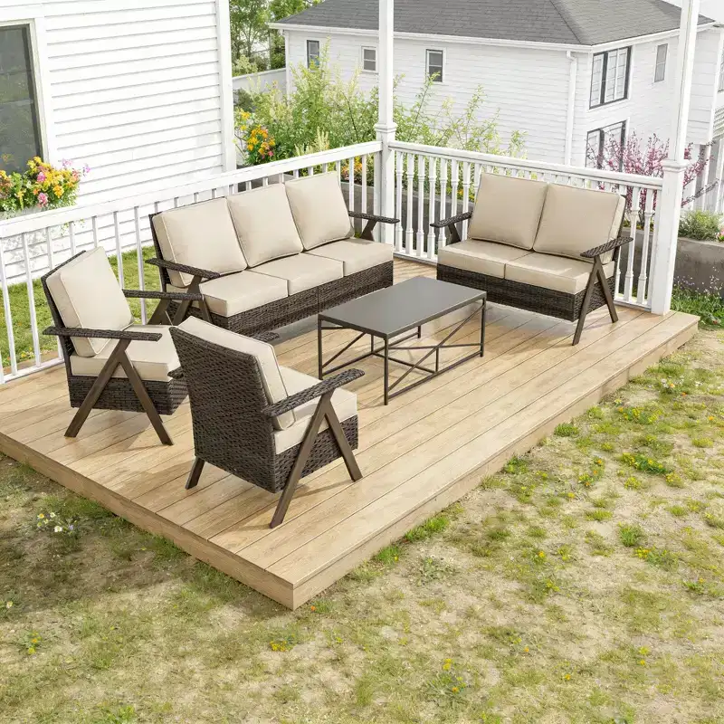 Ensemble de meubles de patio Bestier, ensemble de conversation d'extérieur avec canapé et chaises coussinés épais, table basse pour jardin, arrière-cour, porche