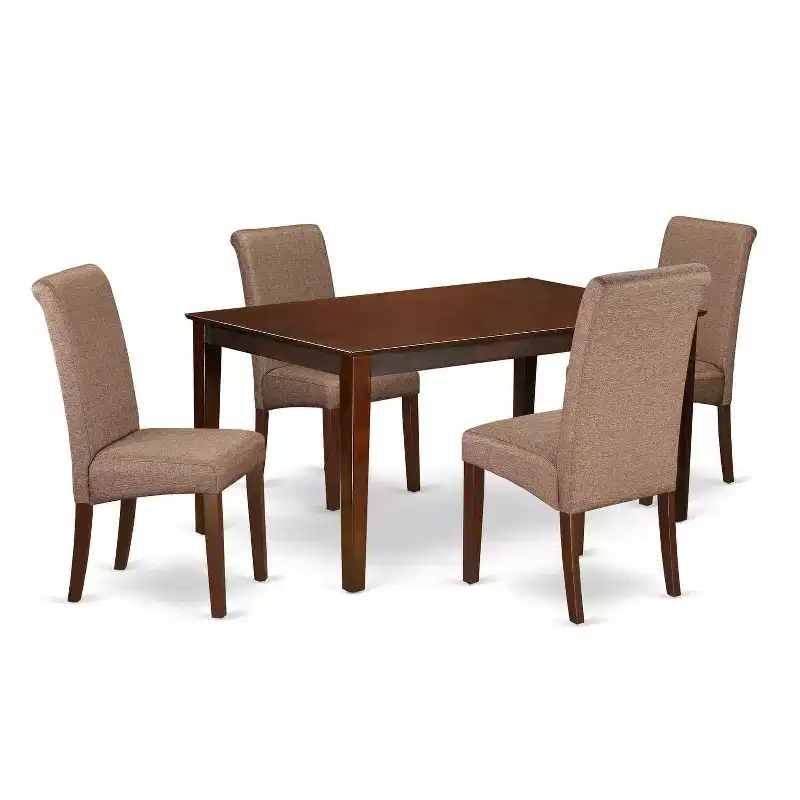 Ensemble Table de Cuisine 5 Pièces - Chaises en Tissu Lin Marron - Pieds Acajou - Table de Salle à Manger
