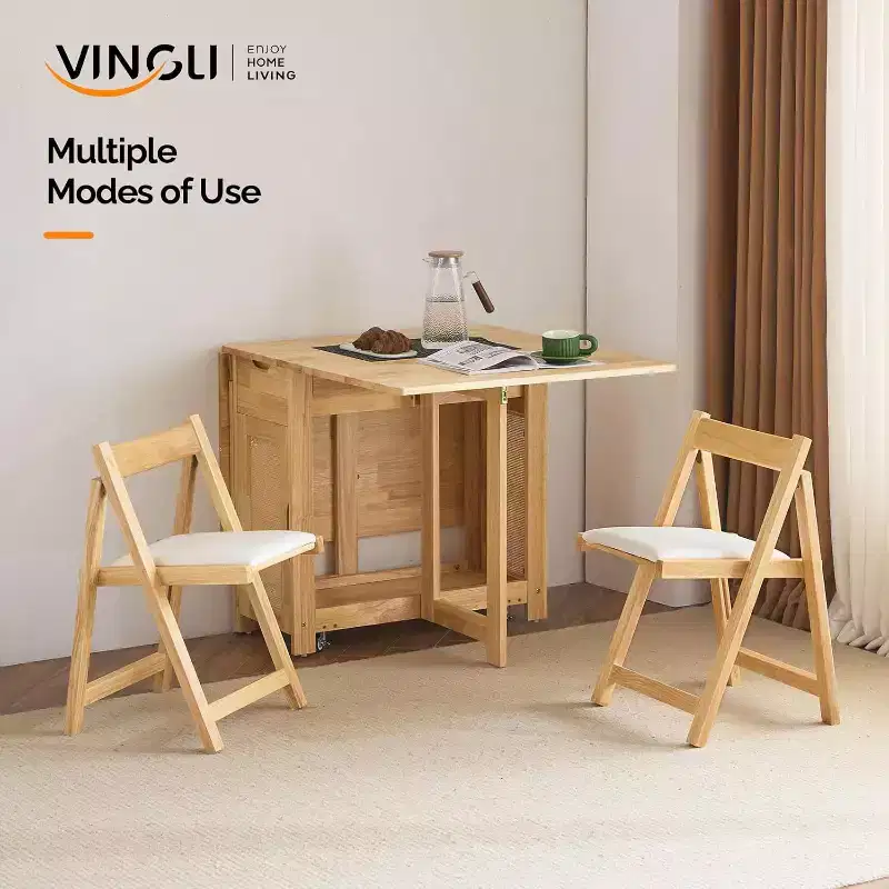 Ensemble de table à manger pliante VINGLI, table en bois massif extensible à abattants avec 4 chaises, tiroirs et roulettes, gain de place pour la cuisine