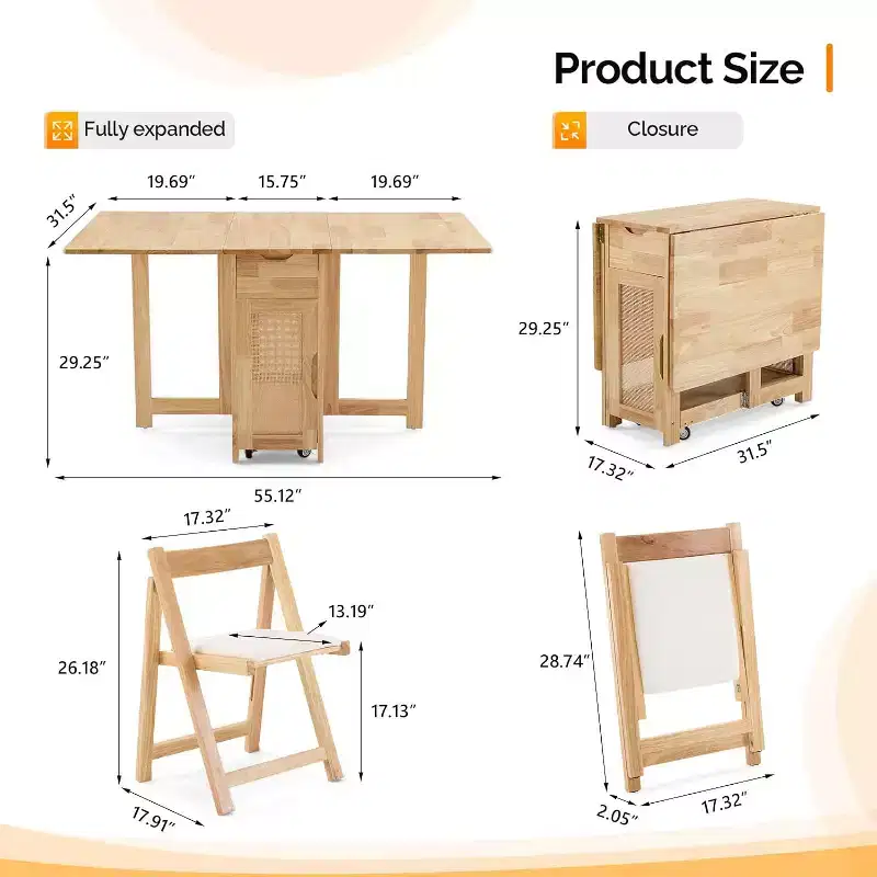 Ensemble de table à manger pliante VINGLI, table en bois massif extensible à abattants avec 4 chaises, tiroirs et roulettes, gain de place pour la cuisine