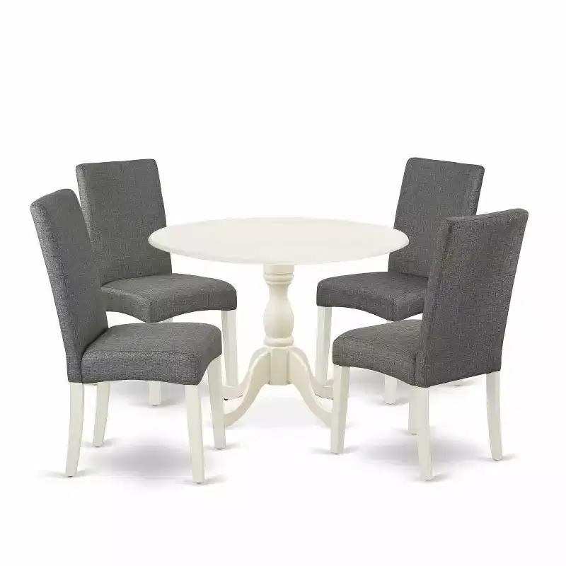 Ensemble de salle à manger 5 pièces en bois massif finition blanc lin, avec table à rallonges et 4 chaises