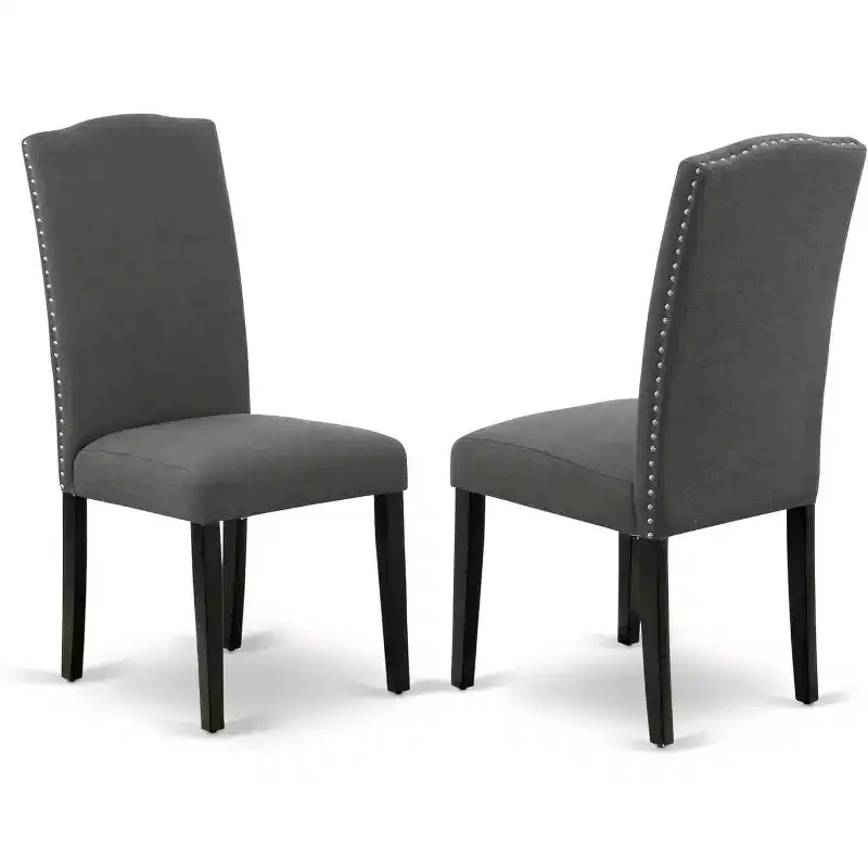 HomeStock Belmont Table à manger rectangulaire 7 pièces 152 cm et six chaises Parson avec pieds noirs et tissu en lin gris foncé Gotham