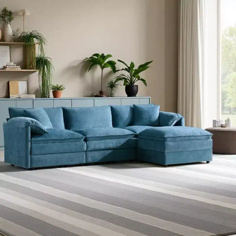 Canapé d'angle modulable 4 places en chenille Polibi en U avec pouf mobile et accoudoirs coussins