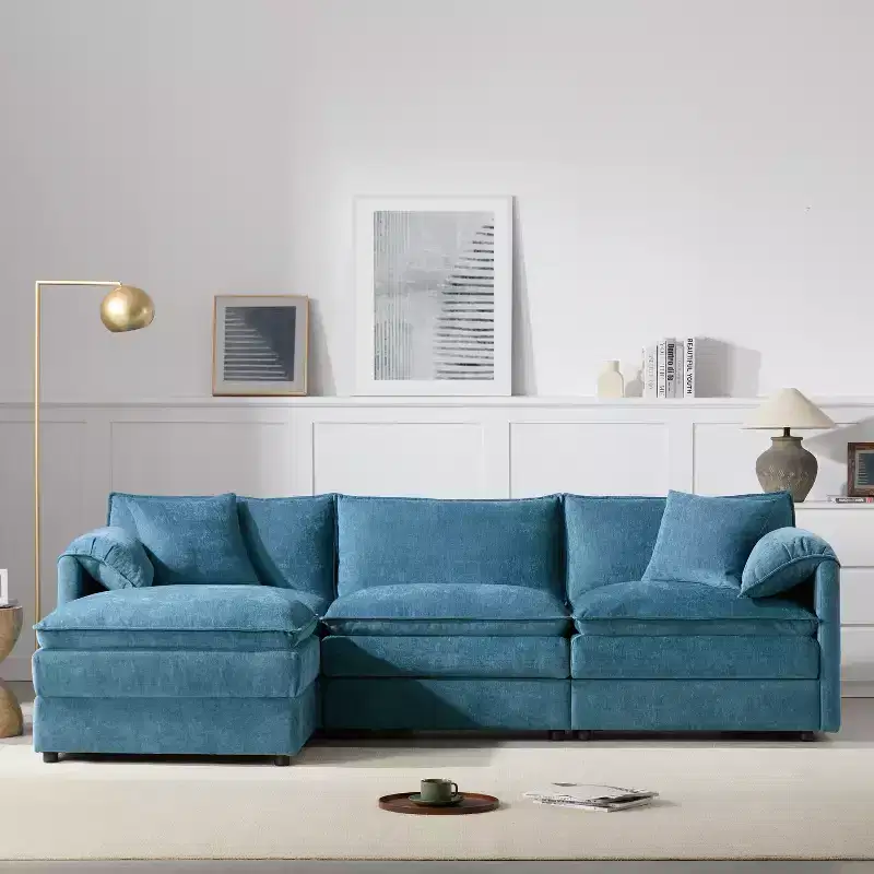 Canapé d'angle modulable 4 places en chenille Polibi en U avec pouf mobile et accoudoirs coussins