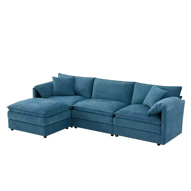 Canapé d'angle modulable 4 places en chenille Polibi en U avec pouf mobile et accoudoirs coussins
