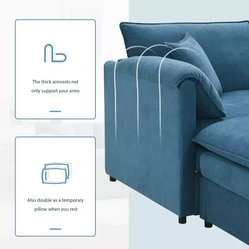 Canapé d'angle modulable 4 places en chenille Polibi en U avec pouf mobile et accoudoirs coussins