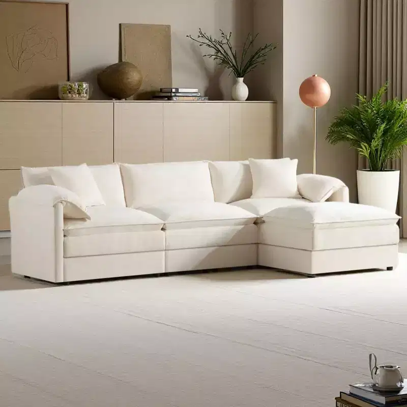 Canapé d'angle modulable 4 places en chenille Polibi en U avec pouf mobile et accoudoirs coussins