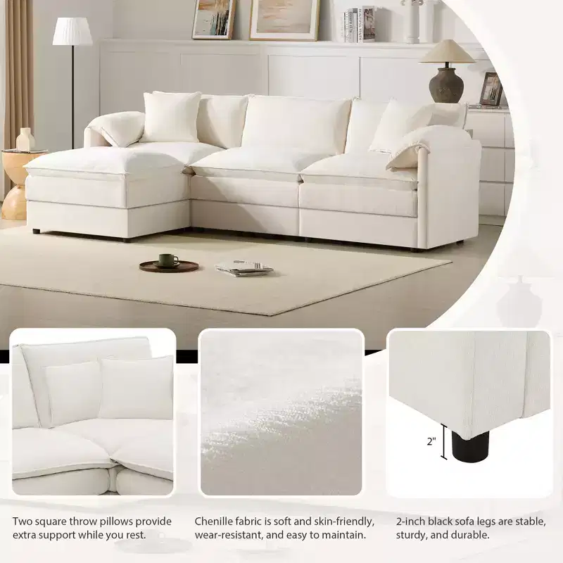 Canapé d'angle modulable 4 places en chenille Polibi en U avec pouf mobile et accoudoirs coussins