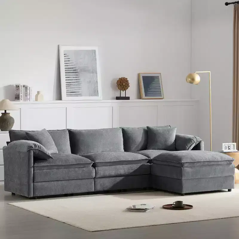 Canapé d'angle modulable 4 places en chenille Polibi en U avec pouf mobile et accoudoirs coussins