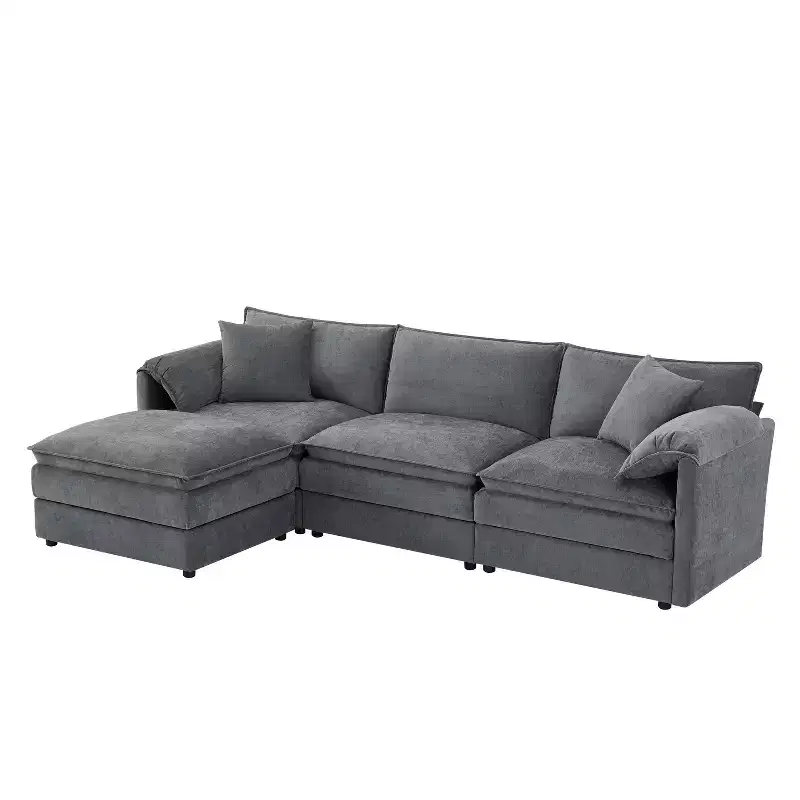 Canapé d'angle modulable 4 places en chenille Polibi en U avec pouf mobile et accoudoirs coussins