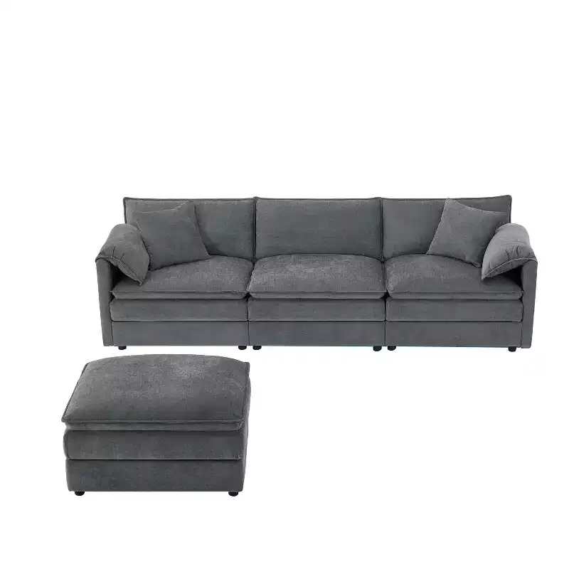 Canapé d'angle modulable 4 places en chenille Polibi en U avec pouf mobile et accoudoirs coussins