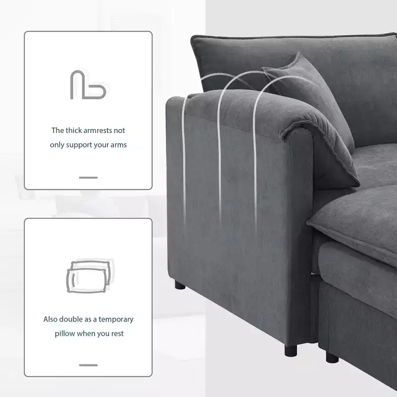 Canapé d'angle modulable 4 places en chenille Polibi en U avec pouf mobile et accoudoirs coussins