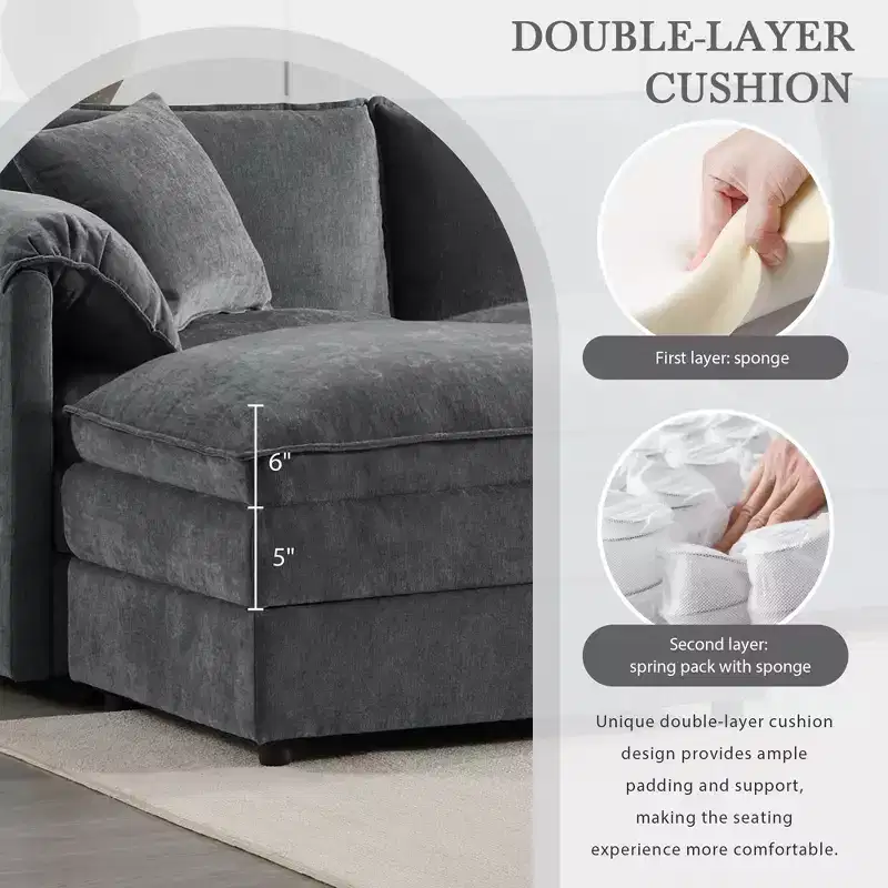 Canapé d'angle modulable 4 places en chenille Polibi en U avec pouf mobile et accoudoirs coussins