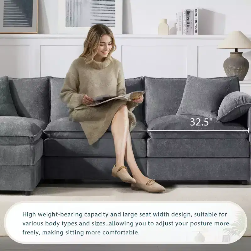 Canapé d'angle modulable 4 places en chenille Polibi en U avec pouf mobile et accoudoirs coussins