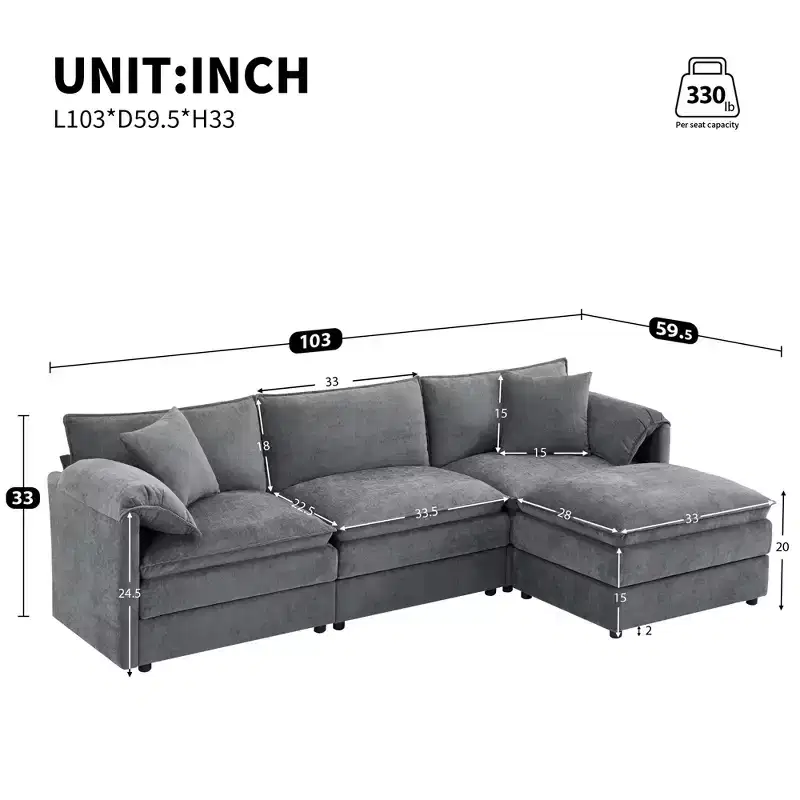 Canapé d'angle modulable 4 places en chenille Polibi en U avec pouf mobile et accoudoirs coussins