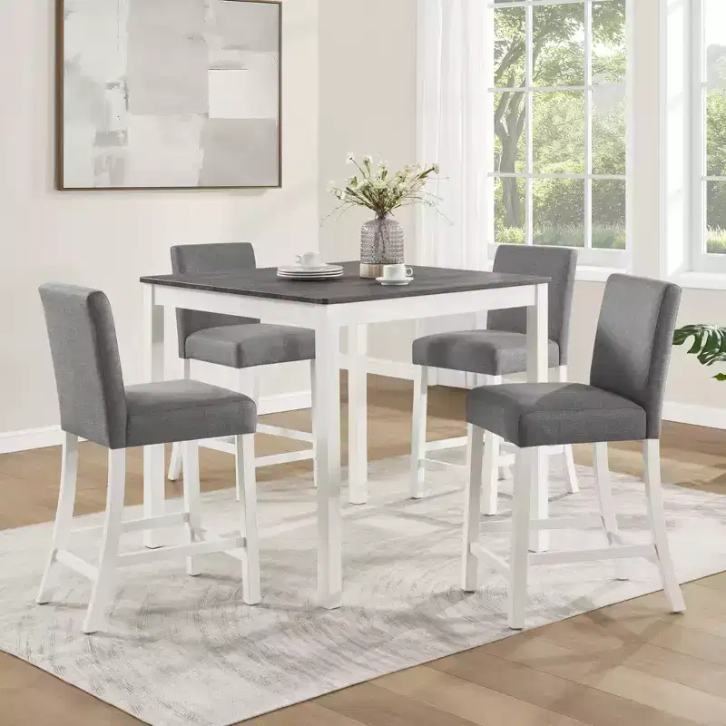 Ensemble de salle à manger moderne GDFStudio Roseanne 5 pièces en bois d'hévéa hauteur comptoir avec 4 chaises rembourrées en lin