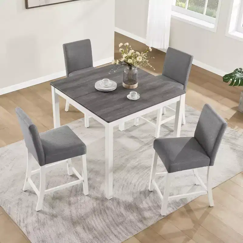 Ensemble de salle à manger moderne GDFStudio Roseanne 5 pièces en bois d'hévéa hauteur comptoir avec 4 chaises rembourrées en lin