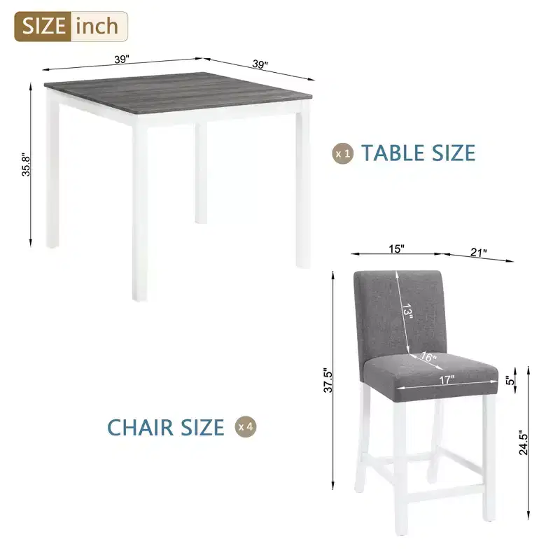 Ensemble de salle à manger moderne GDFStudio Roseanne 5 pièces en bois d'hévéa hauteur comptoir avec 4 chaises rembourrées en lin