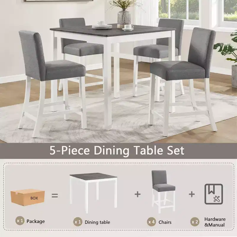 Ensemble de salle à manger moderne GDFStudio Roseanne 5 pièces en bois d'hévéa hauteur comptoir avec 4 chaises rembourrées en lin