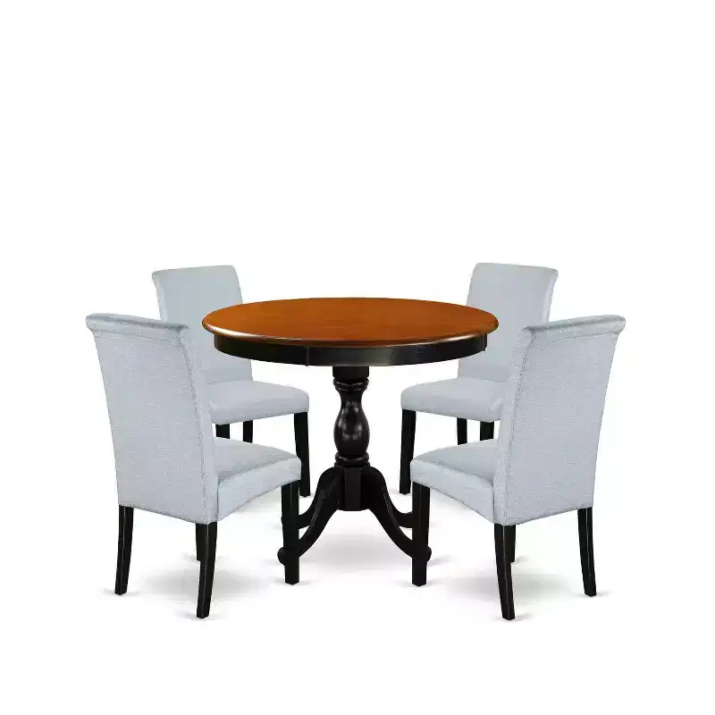 Table à dîner HomeStock 5 pièces en bois massif noir et merisier avec 4 chaises Parson