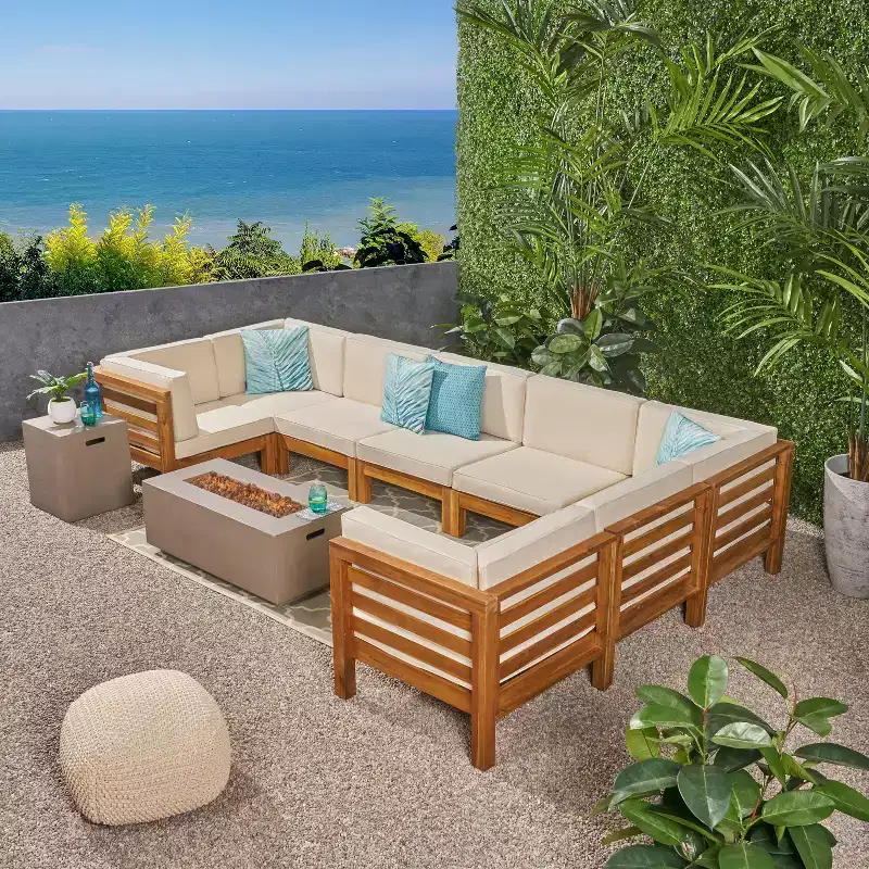 GDFStudio Cascada, ensemble de canapés modulaires d'extérieur 8 places en bois d'acacia avec foyer