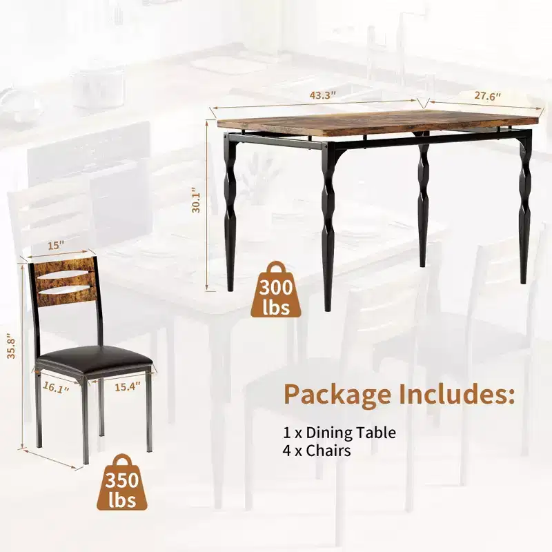Ensemble de salle à manger 5 pièces, table et chaises de salle à manger de style industriel pour 4 personnes
