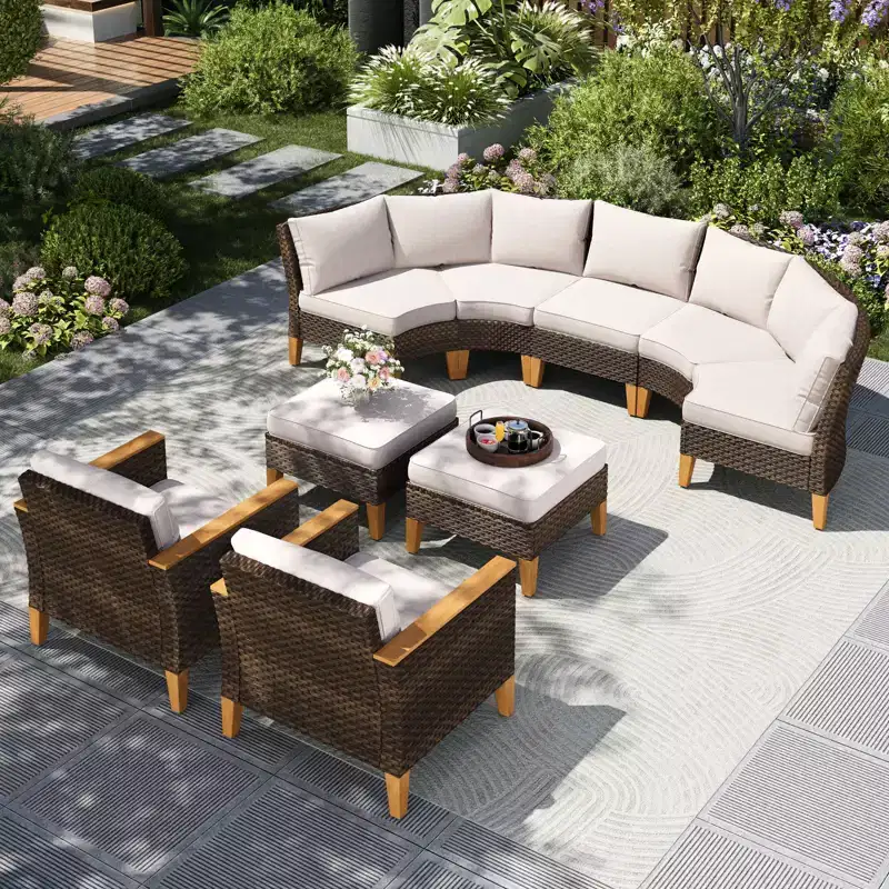 Captiva Designs Ensemble de conversation d'extérieur 9 pièces en rotin et osier pour terrasse, canapé sectionnel demi-lune incurvé avec pouf rembourré
