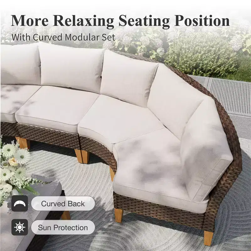 Captiva Designs Ensemble de conversation d'extérieur 9 pièces en rotin et osier pour terrasse, canapé sectionnel demi-lune incurvé avec pouf rembourré