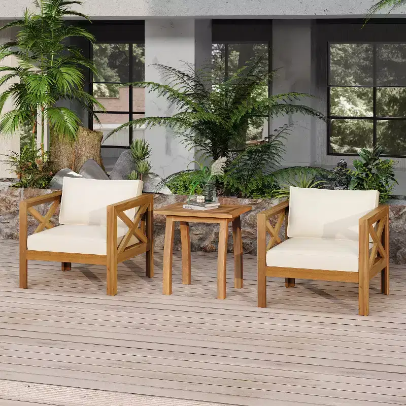 Christopher Knight Home Callum Chaises de club de patio 3 pièces transitionnelles en bois d'acacia avec table d'appoint rectangulaire