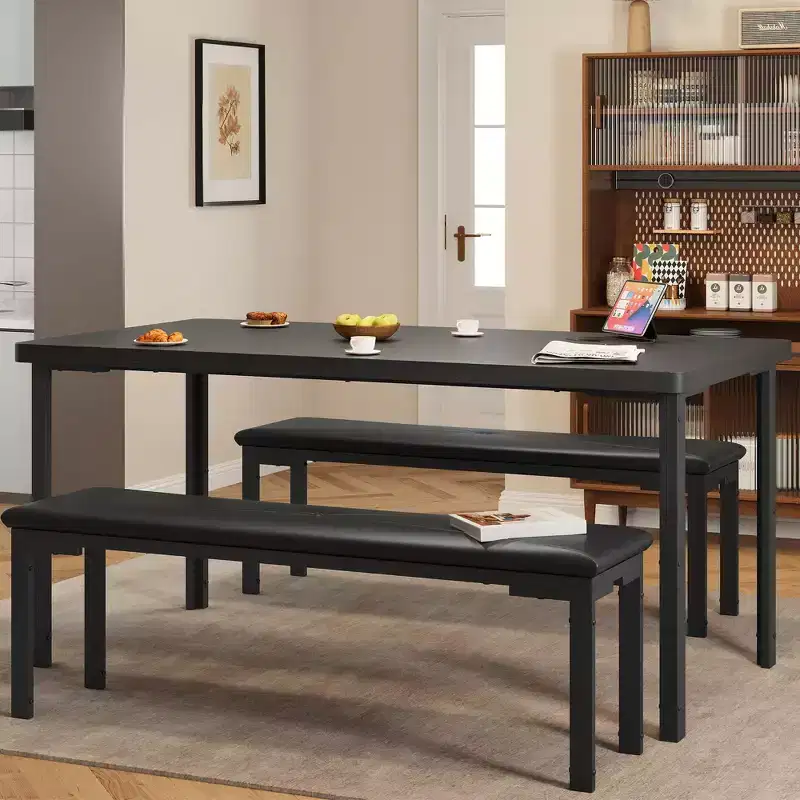 Ensemble table de salle à manger de 109 cm pour 4 personnes, ensemble table de cuisine rectangulaire avec 2 bancs rembourrés, mobilier de cuisine et de salle à manger 3 pièces peu encombrant