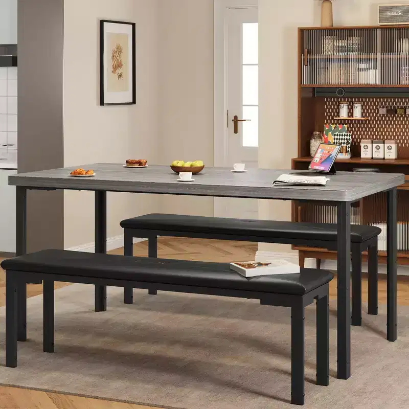 Ensemble table de salle à manger de 109 cm pour 4 personnes, ensemble table de cuisine rectangulaire avec 2 bancs rembourrés, mobilier de cuisine et de salle à manger 3 pièces peu encombrant