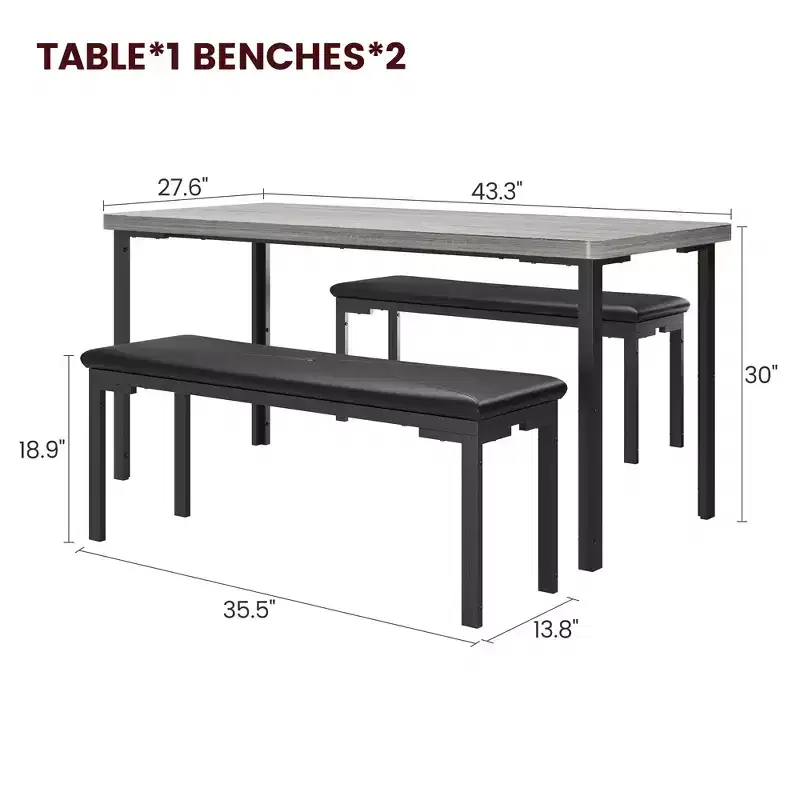 Ensemble table de salle à manger de 109 cm pour 4 personnes, ensemble table de cuisine rectangulaire avec 2 bancs rembourrés, mobilier de cuisine et de salle à manger 3 pièces peu encombrant