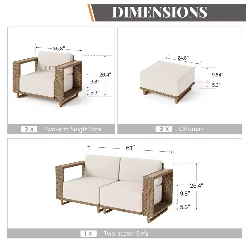 Captiva Designs Ensemble de conversation pour mobilier de patio extérieur en rotin sectionnel avec coussins de 25 cm d'épaisseur
