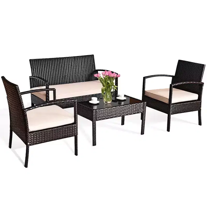 Salon de jardin 4 pièces Costway en rotin avec coussins et table en verre