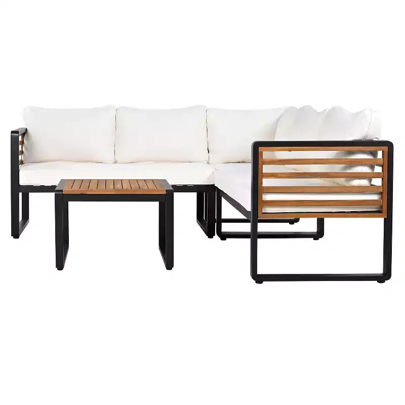 Ensemble de conversation d'extérieur 4 pièces Whisen en métal et bois, résistant aux intempéries, avec canapé modulable et coussins et table
