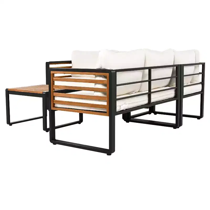Ensemble de conversation d'extérieur 4 pièces Whisen en métal et bois, résistant aux intempéries, avec canapé modulable et coussins et table