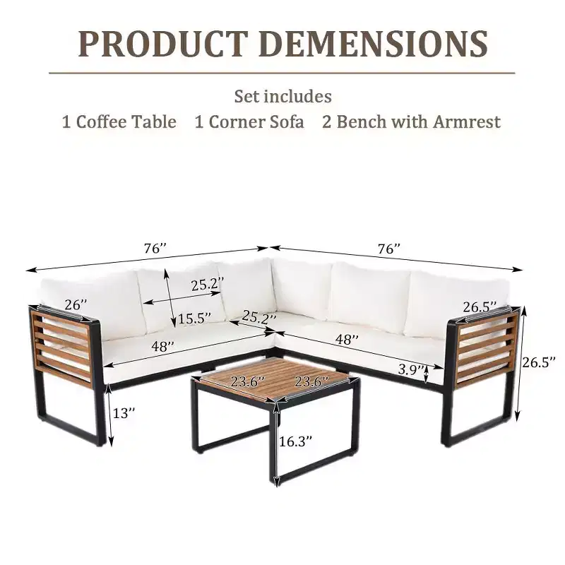 Ensemble de conversation d'extérieur 4 pièces Whisen en métal et bois, résistant aux intempéries, avec canapé modulable et coussins et table