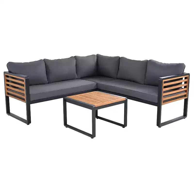 Ensemble de conversation d'extérieur 4 pièces Whisen en métal et bois, résistant aux intempéries, avec canapé modulable et coussins et table
