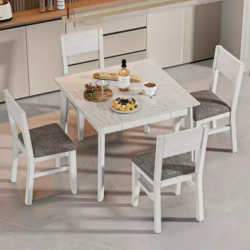 Ensemble de salle à manger 5 pièces VECELO de style ferme pour 4 personnes, table carrée en bois d'hévéa et 4 chaises de salle à manger rembourrées, gris