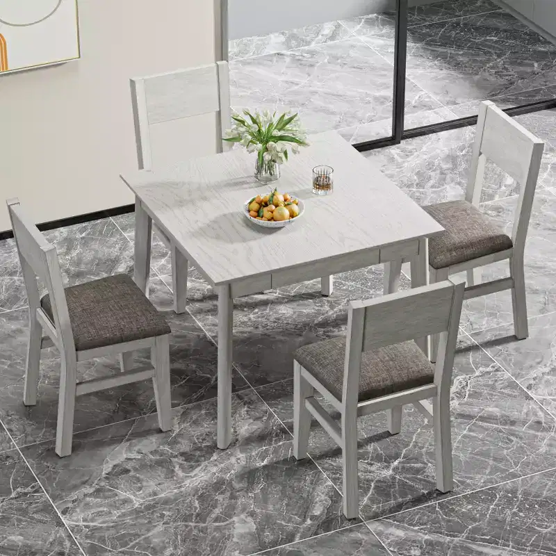 Ensemble de salle à manger 5 pièces VECELO de style ferme pour 4 personnes, table carrée en bois d'hévéa et 4 chaises de salle à manger rembourrées, gris