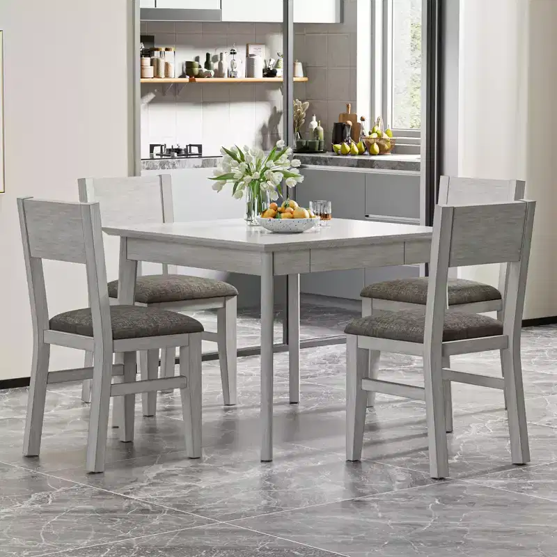 Ensemble de salle à manger 5 pièces VECELO de style ferme pour 4 personnes, table carrée en bois d'hévéa et 4 chaises de salle à manger rembourrées, gris