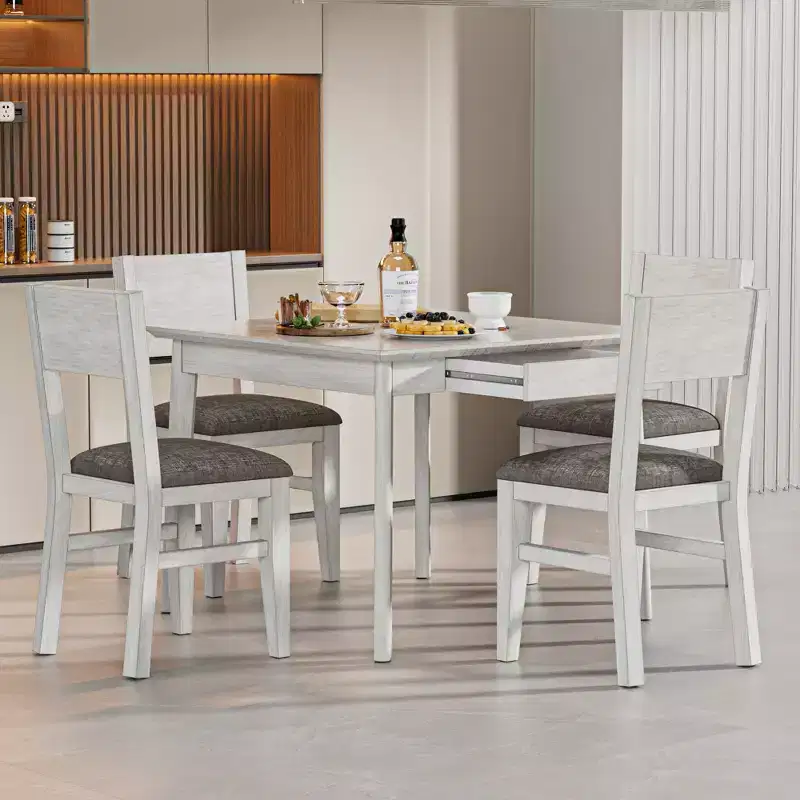 Ensemble de salle à manger 5 pièces VECELO de style ferme pour 4 personnes, table carrée en bois d'hévéa et 4 chaises de salle à manger rembourrées, gris
