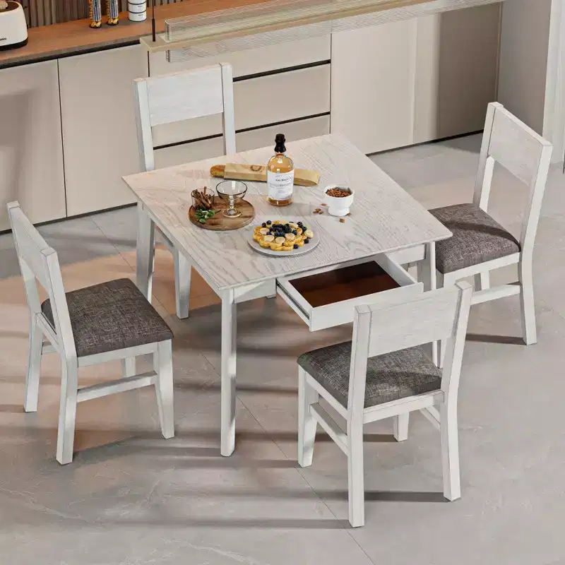Ensemble de salle à manger 5 pièces VECELO de style ferme pour 4 personnes, table carrée en bois d'hévéa et 4 chaises de salle à manger rembourrées, gris