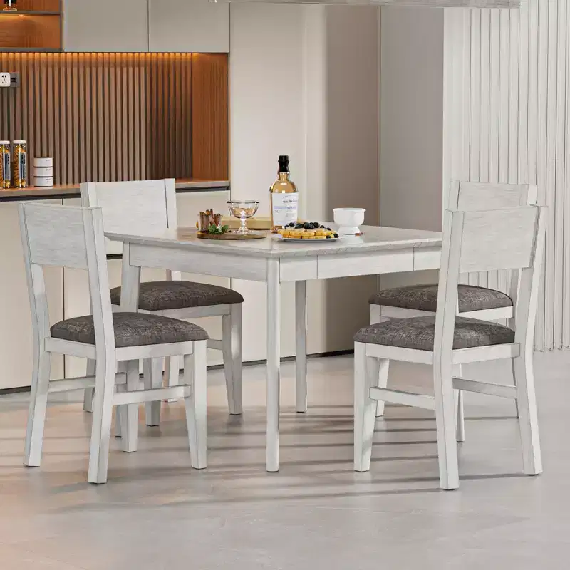Ensemble de salle à manger 5 pièces VECELO de style ferme pour 4 personnes, table carrée en bois d'hévéa et 4 chaises de salle à manger rembourrées, gris