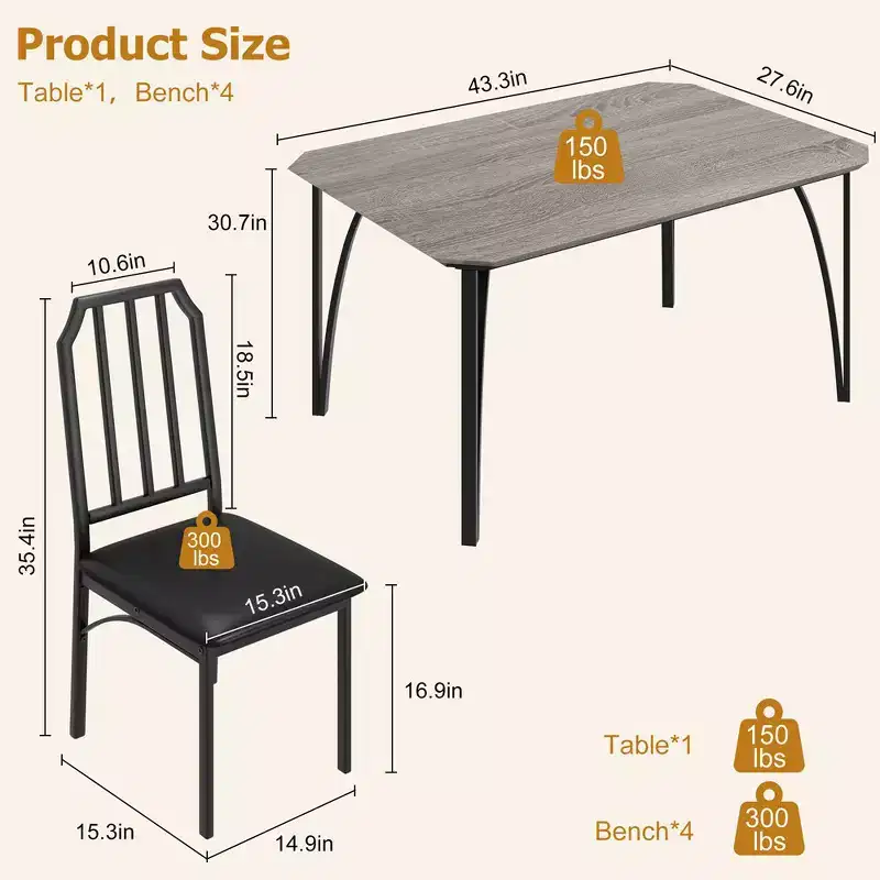 Ensemble table et chaises de salle à manger pour 4 personnes, table de cuisine et chaises pour 4 avec design chanfreiné, ensemble de salle à manger 5 pièces avec sièges coussinés